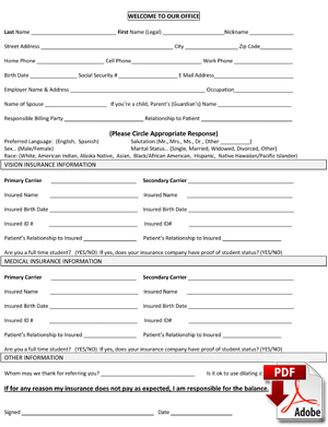 Eye Doctor Patient Insurance Form